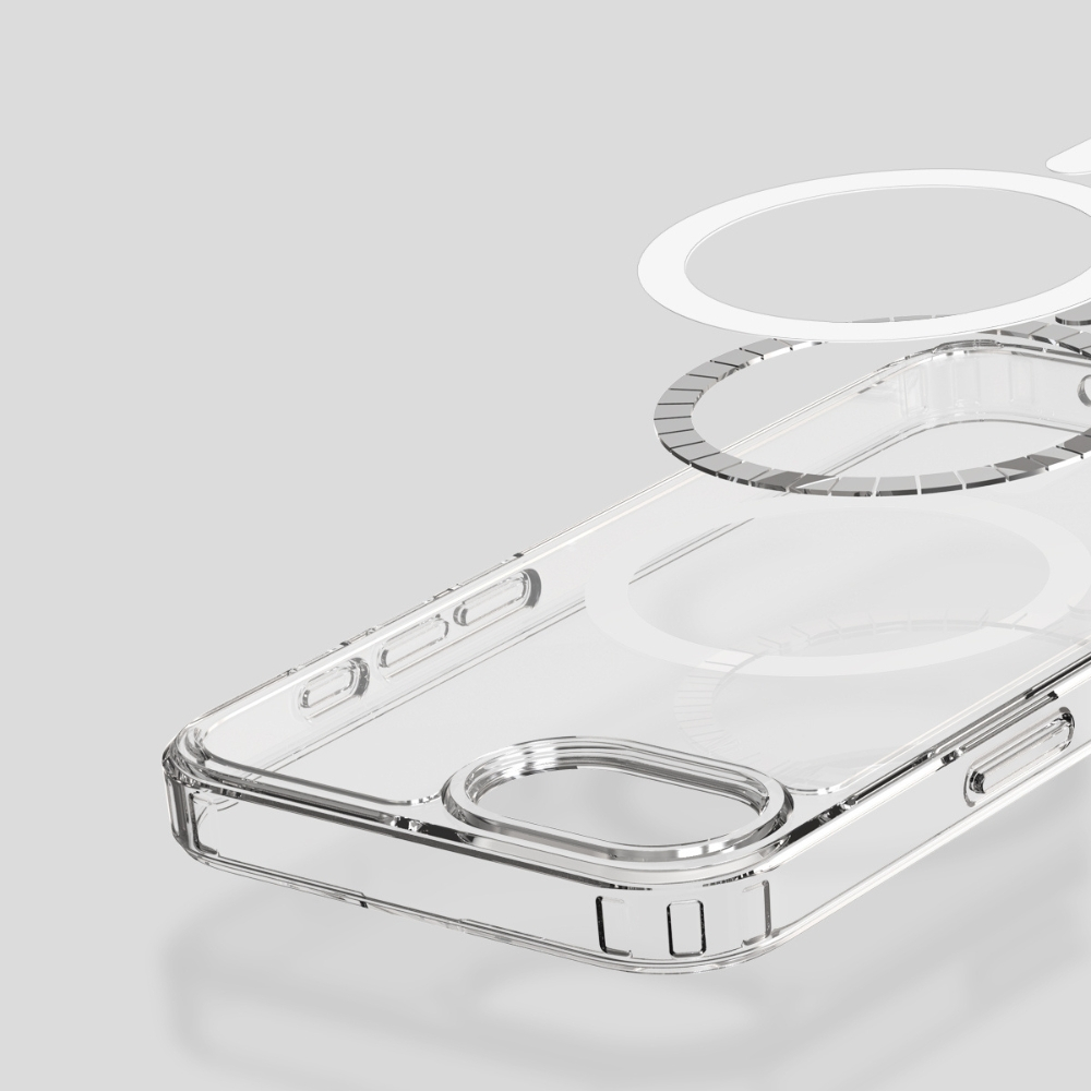 Przezroczyste etui na telefon z okręgiem magsafe, szare tło.