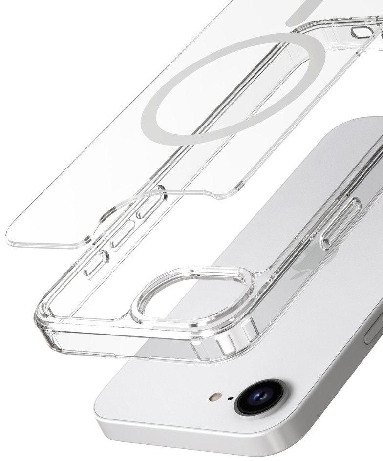 Przezroczyste etui na telefon z białym telefonem w środku. Etui jest warstwowe. Telefon ma czarny aparat.