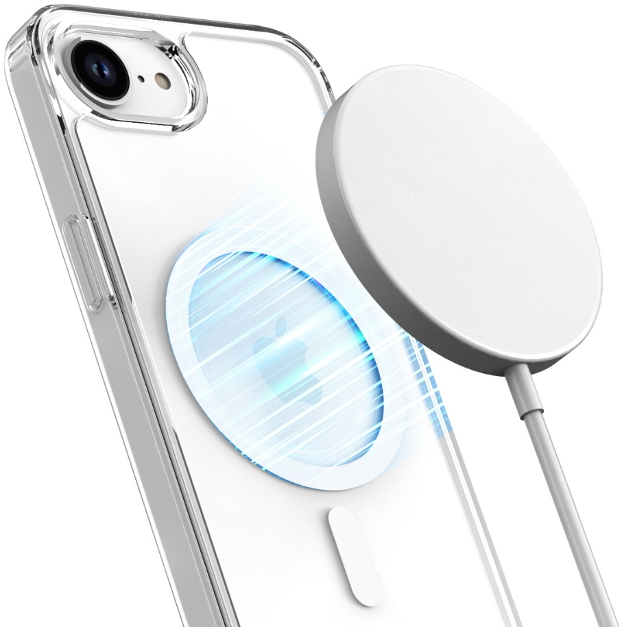 Przezroczyste etui na telefon z białym telefonem. Bezprzewodowa ładowarka jest przymocowana do tyłu telefonu.