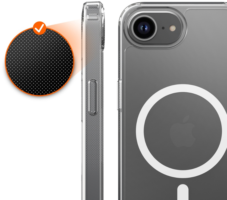 Zbliżenie telefonu z przezroczystym etui. Po lewej stronie znajduje się znak wyboru w kółku.