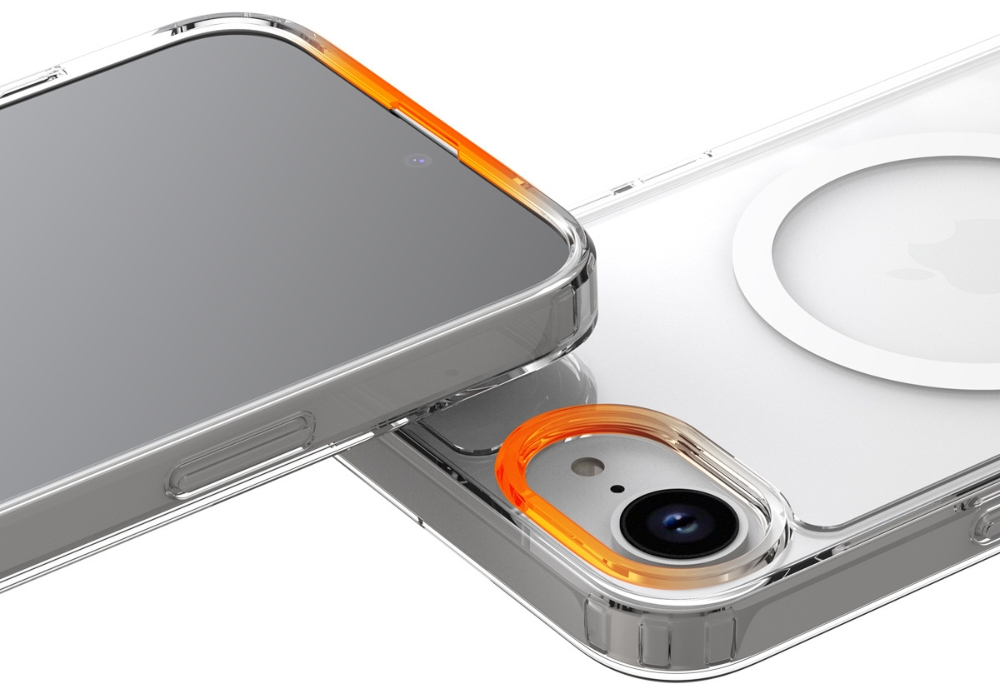 Zbliżenie telefonu w przezroczystym etui. Etui ma pomarańczową obwódkę wokół aparatu.