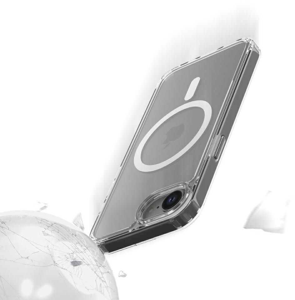 Telefon w przezroczystym etui spada. Biała kula pęka na pierwszym planie. Telefon jest ostry.