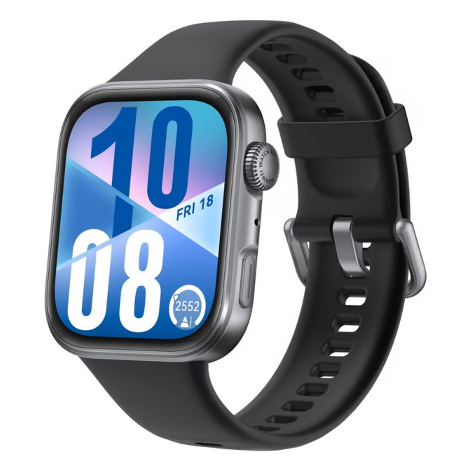 Silver smartwatch with black band. The watch face displays the date and time.