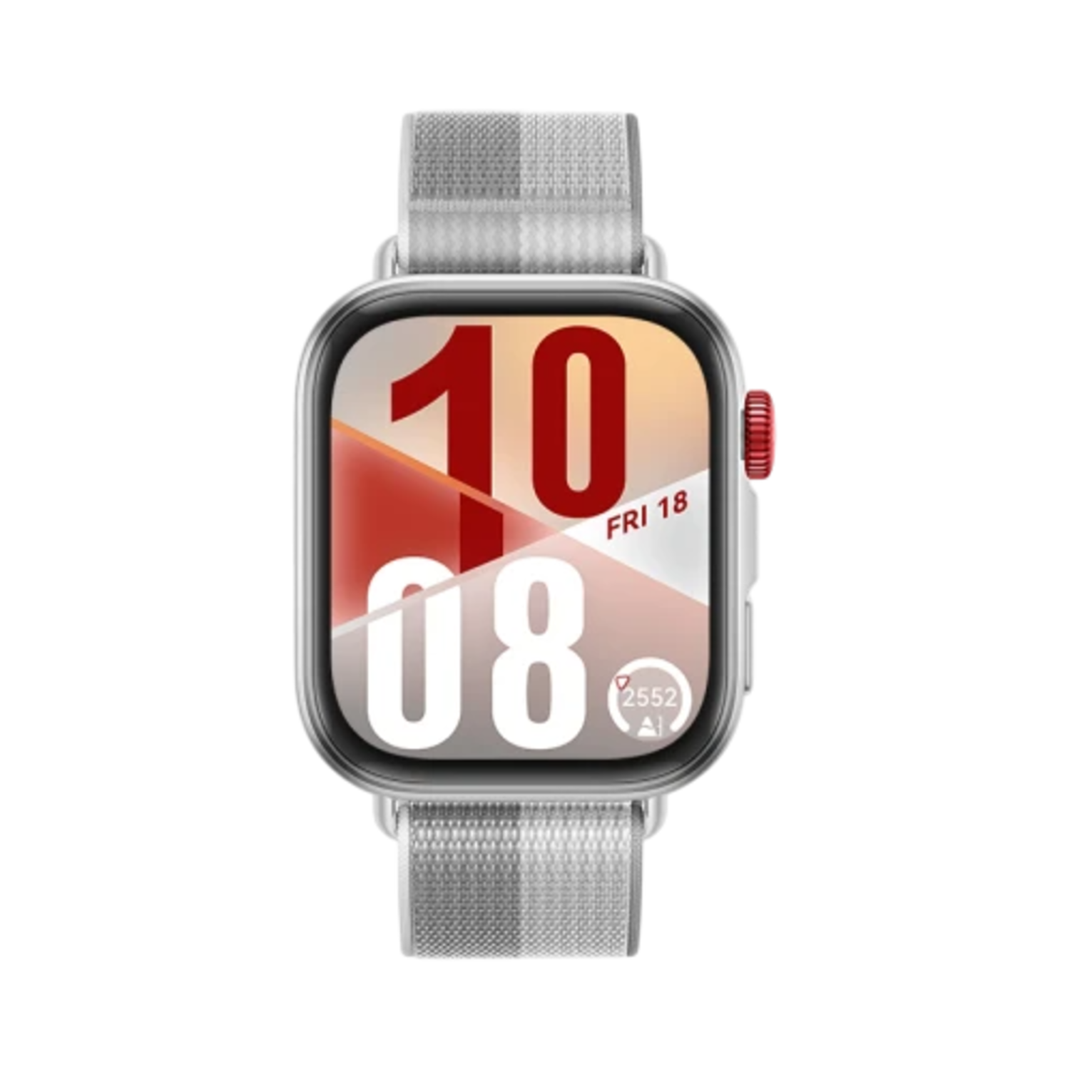 Zilveren smartwatch met gestreepte grijze band. De wijzerplaat toont de datum en tijd.