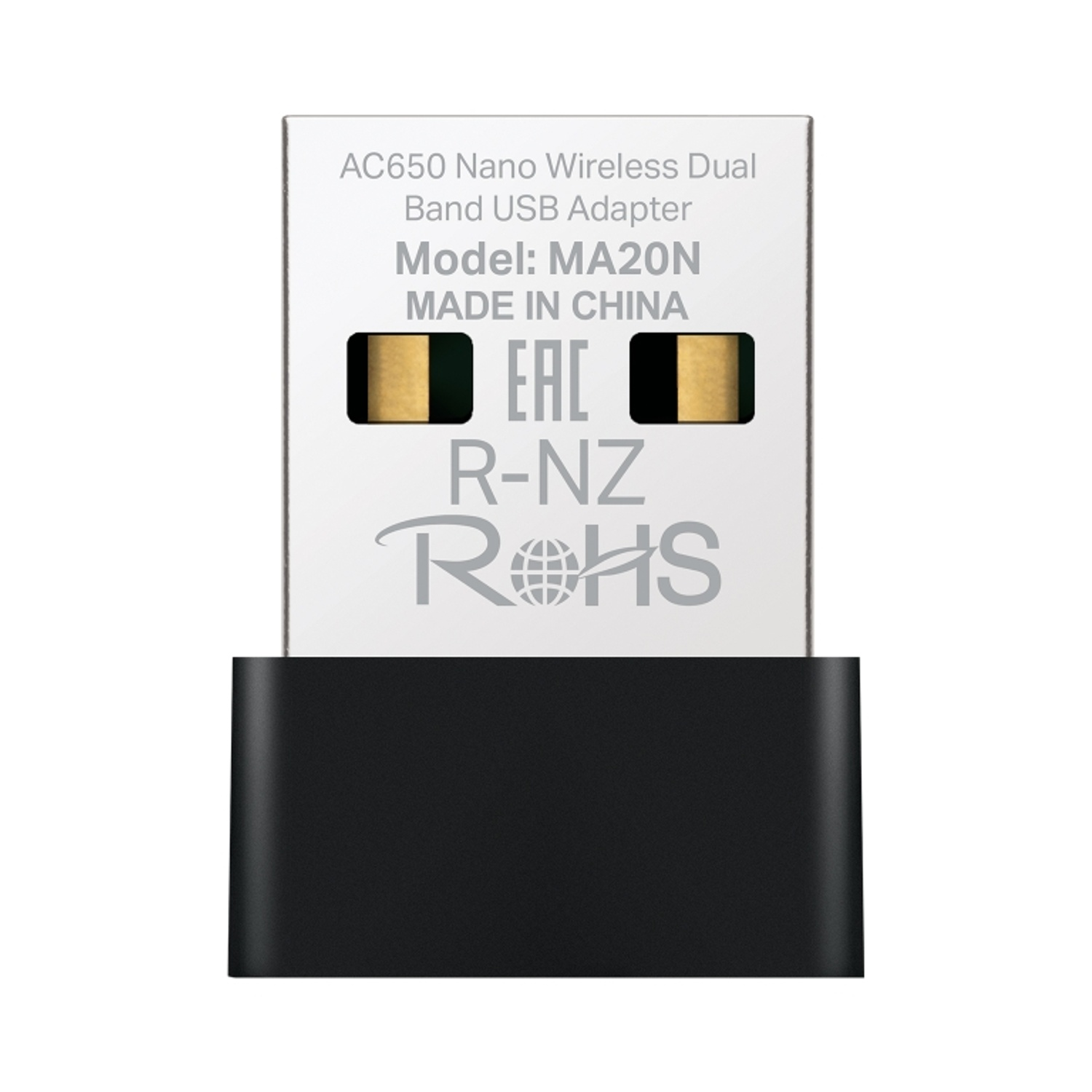 Primo piano di un adattatore USB WiFi argento e nero, testo e loghi su sfondo bianco.