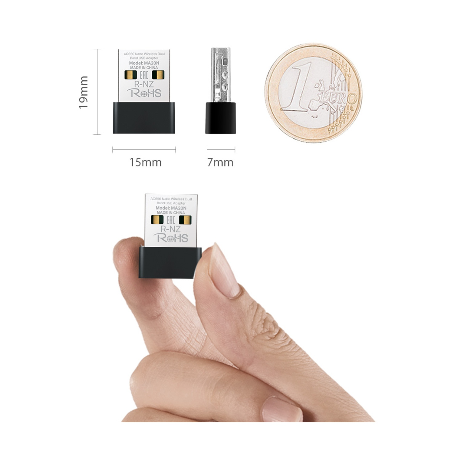 Primo piano di un adattatore USB WiFi e una moneta da euro, con dimensioni, su una superficie bianca.