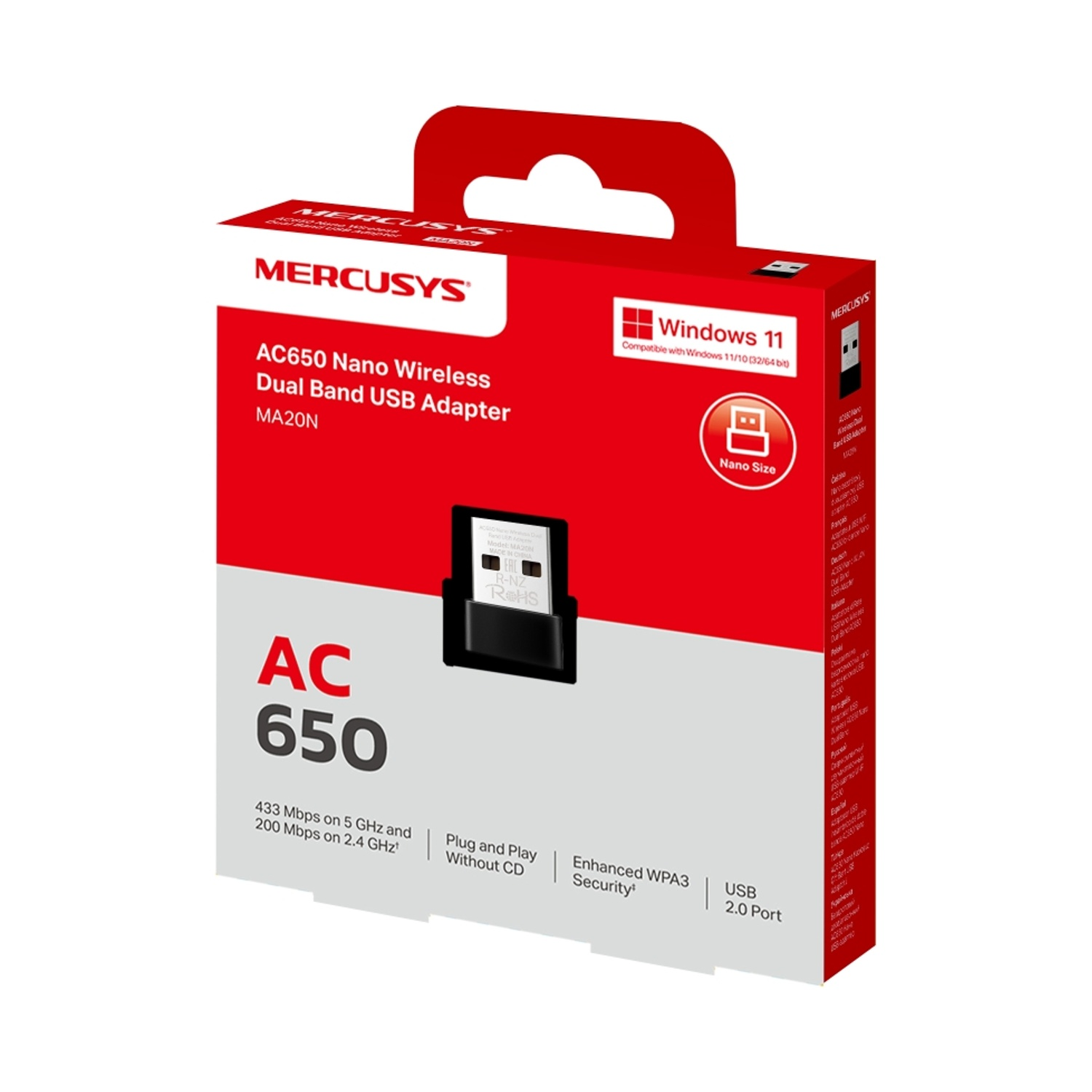 Scatola dell'adattatore USB AC650 Nano Wireless Dual Band. La scatola è rossa e bianca, con testo e immagini.