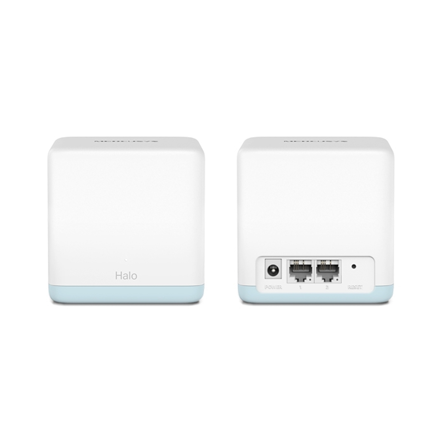 Due router bianchi e azzurri. Halo scritto sul davanti. Porte e alimentazione sul retro.