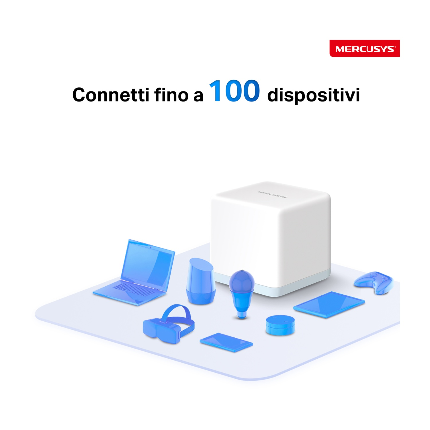 Un router con più dispositivi blu, con il testo 'Connetti fino a 100 dispositivi' sopra.
