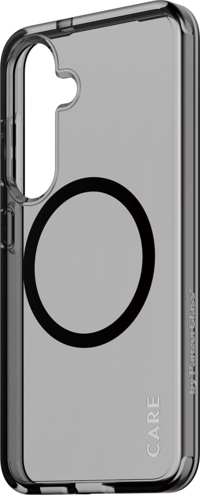 Przezroczyste etui na telefon z magnetycznym okręgiem i słowem 'CARE'.