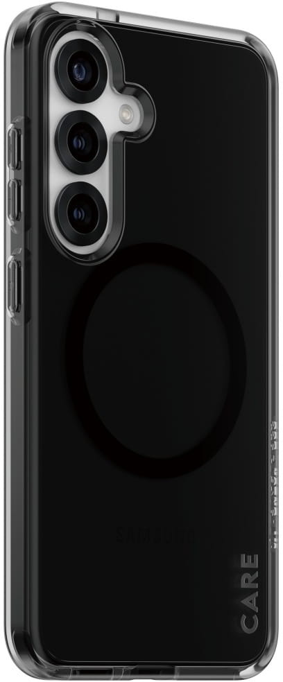 Czarne etui na telefon z magnetycznym okręgiem, zestawem aparatów i słowem 'CARE'.