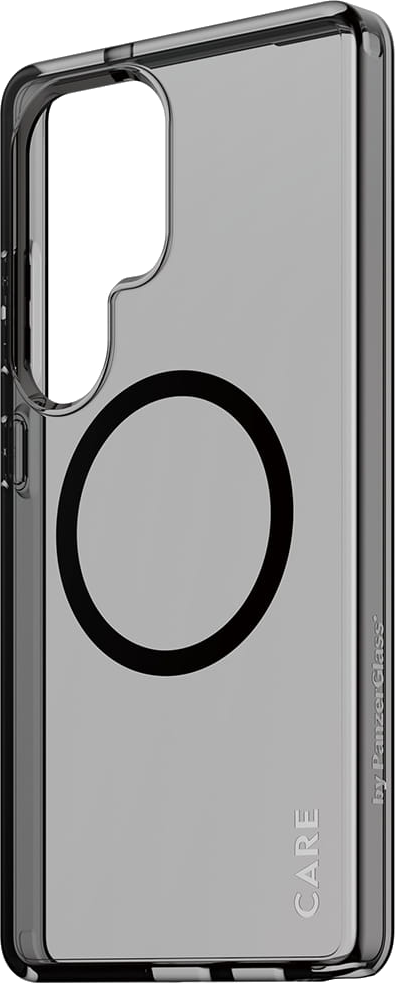 Przezroczyste etui na telefon z magnetycznym okręgiem i słowem 'CARE'.