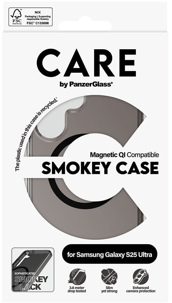 Pudełko na etui na telefon, widoczne szare etui. Tekst brzmi „SMOKEY CASE” i „Samsung Galaxy S25 Ultra”.