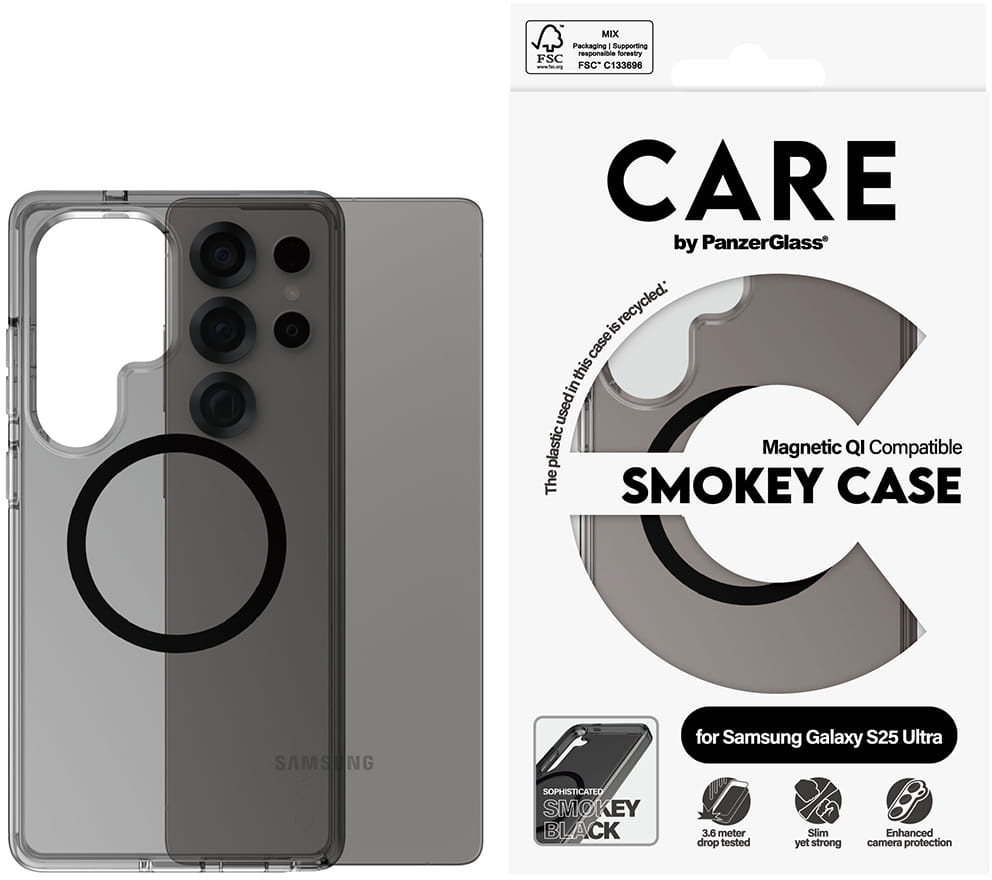 Przezroczyste etui na telefon na telefonie. Pudełko jest w tle. Tekst: „SMOKEY CASE” i „Samsung Galaxy S25 Ultra”.