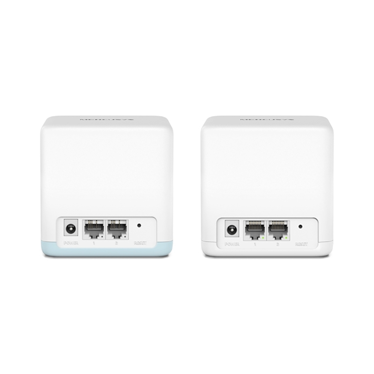 Due unità mesh Wi-Fi bianche, vista posteriore. Ognuna ha porte per l'alimentazione e le connessioni Internet.