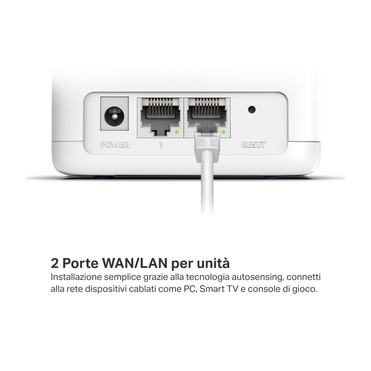 Primo piano della parte posteriore di un'unità mesh Wi-Fi bianca. Ha porte di alimentazione, Internet e ripristino.
