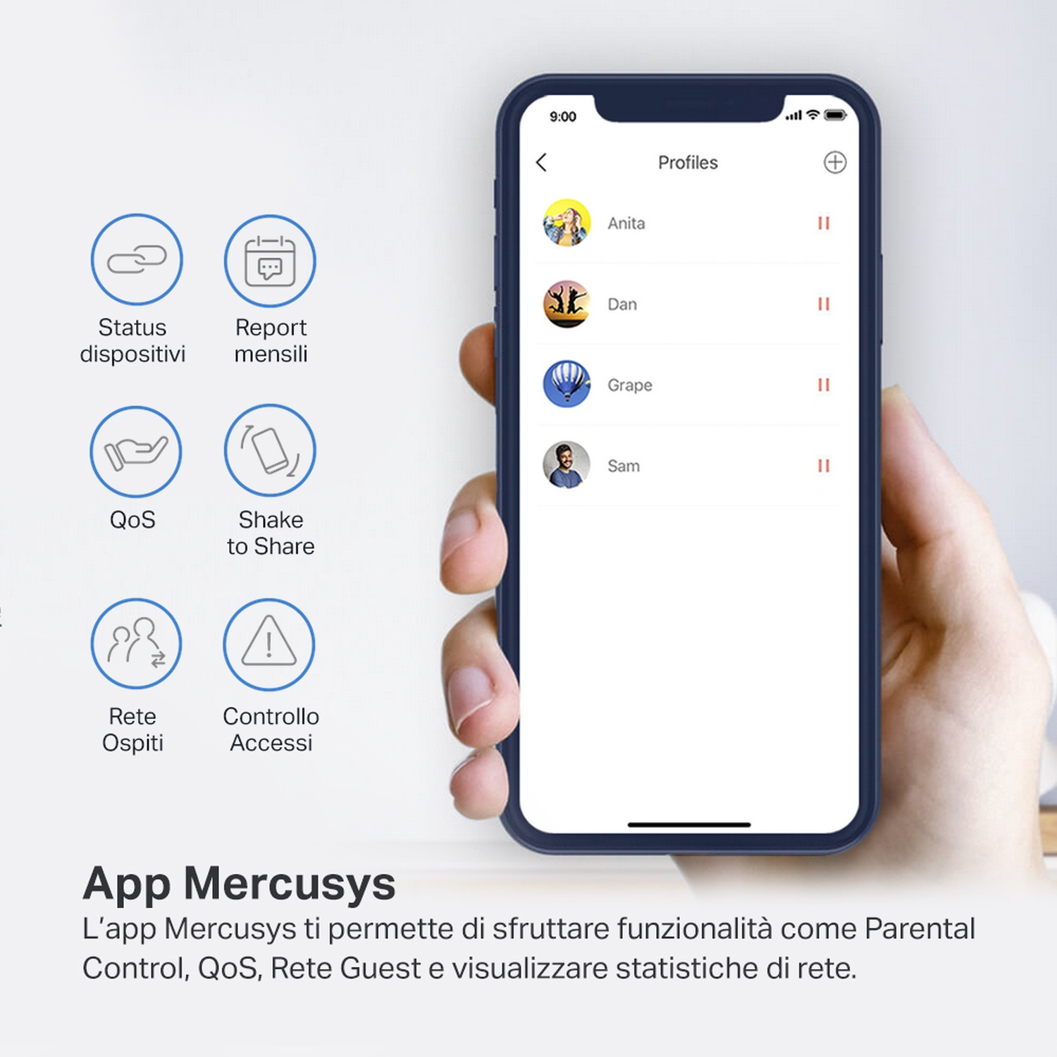 Screenshot di un'app per telefono con funzionalità come stato, report, QoS, rete ospiti e controllo accessi.