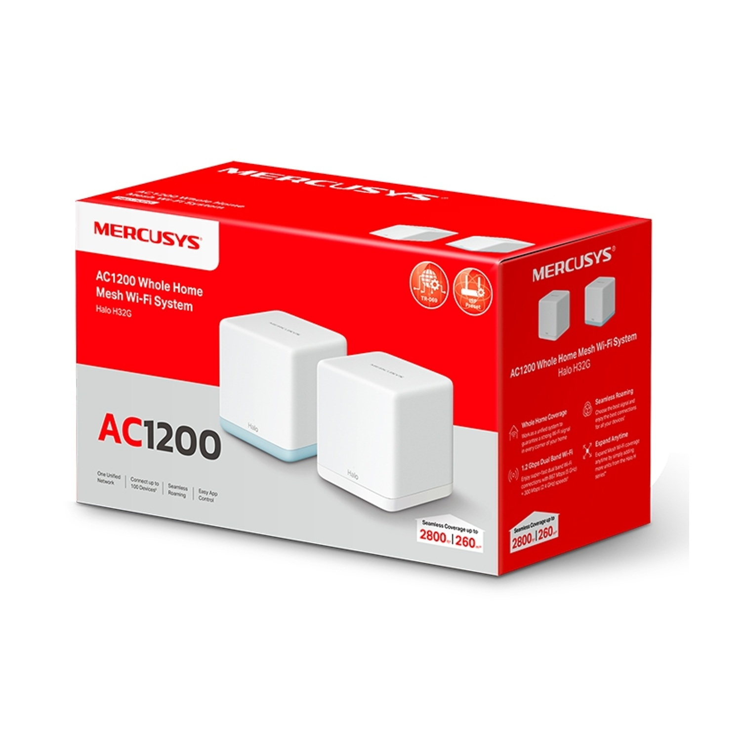 Scatola per un sistema Wi-Fi mesh. Sono mostrate due unità mesh bianche. Testo: Sistema Wi-Fi Mesh AC1200 per tutta la casa.