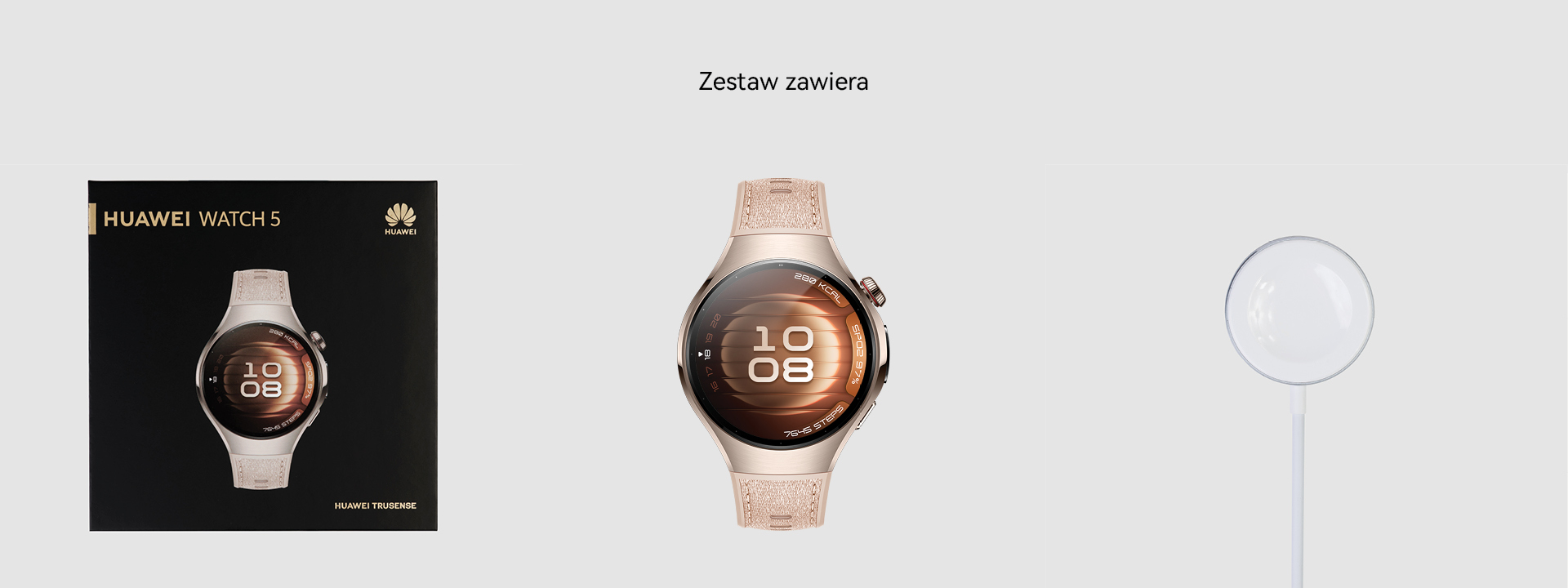 Złoty zegarek Huawei Watch 5, z pudełkiem i dyskiem ładującym, na białym tle.