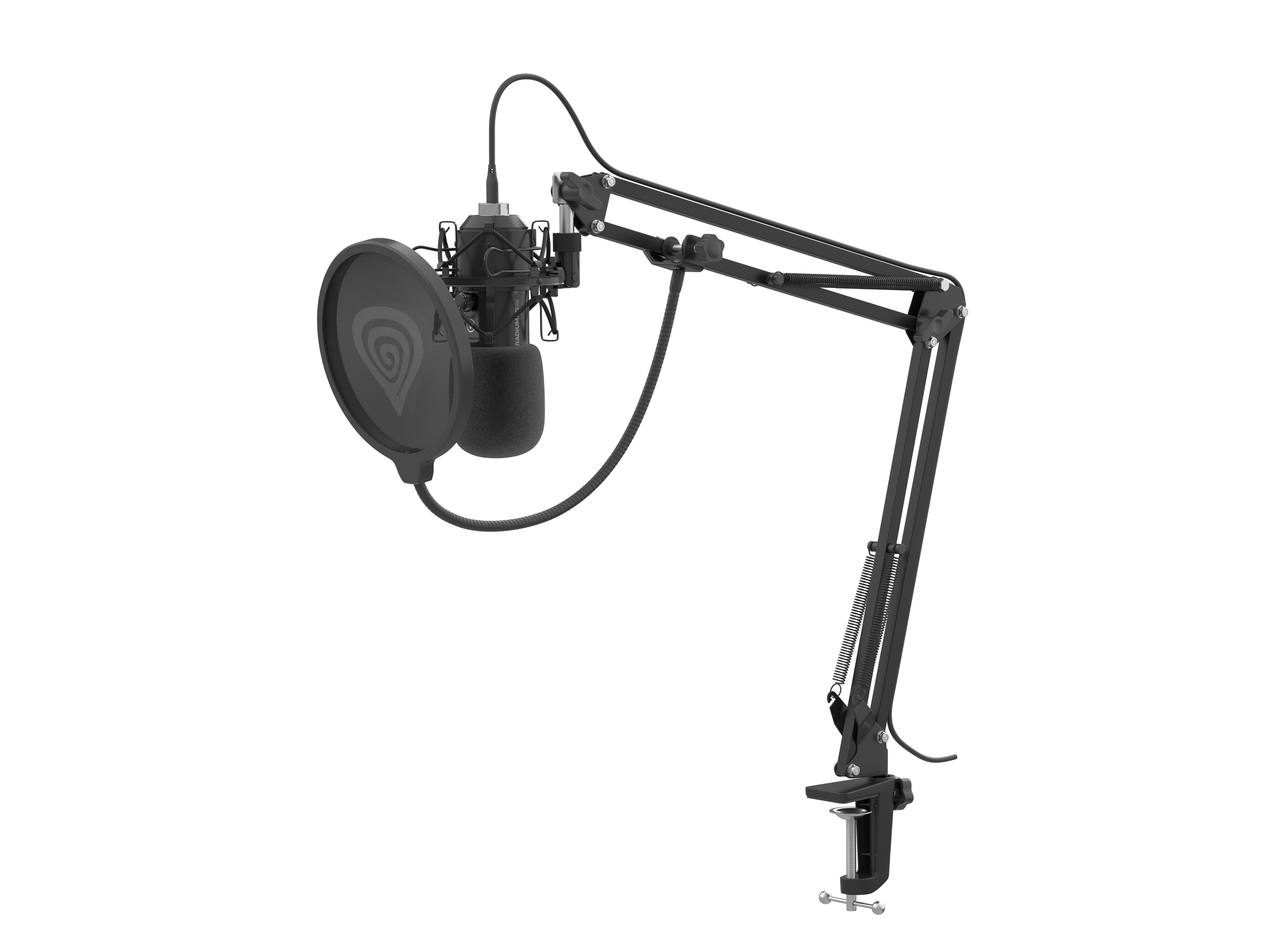 Czarny mikrofon z filtrem pop i regulowanym stojakiem na czarnym tle. Widoczne logo Genesis.