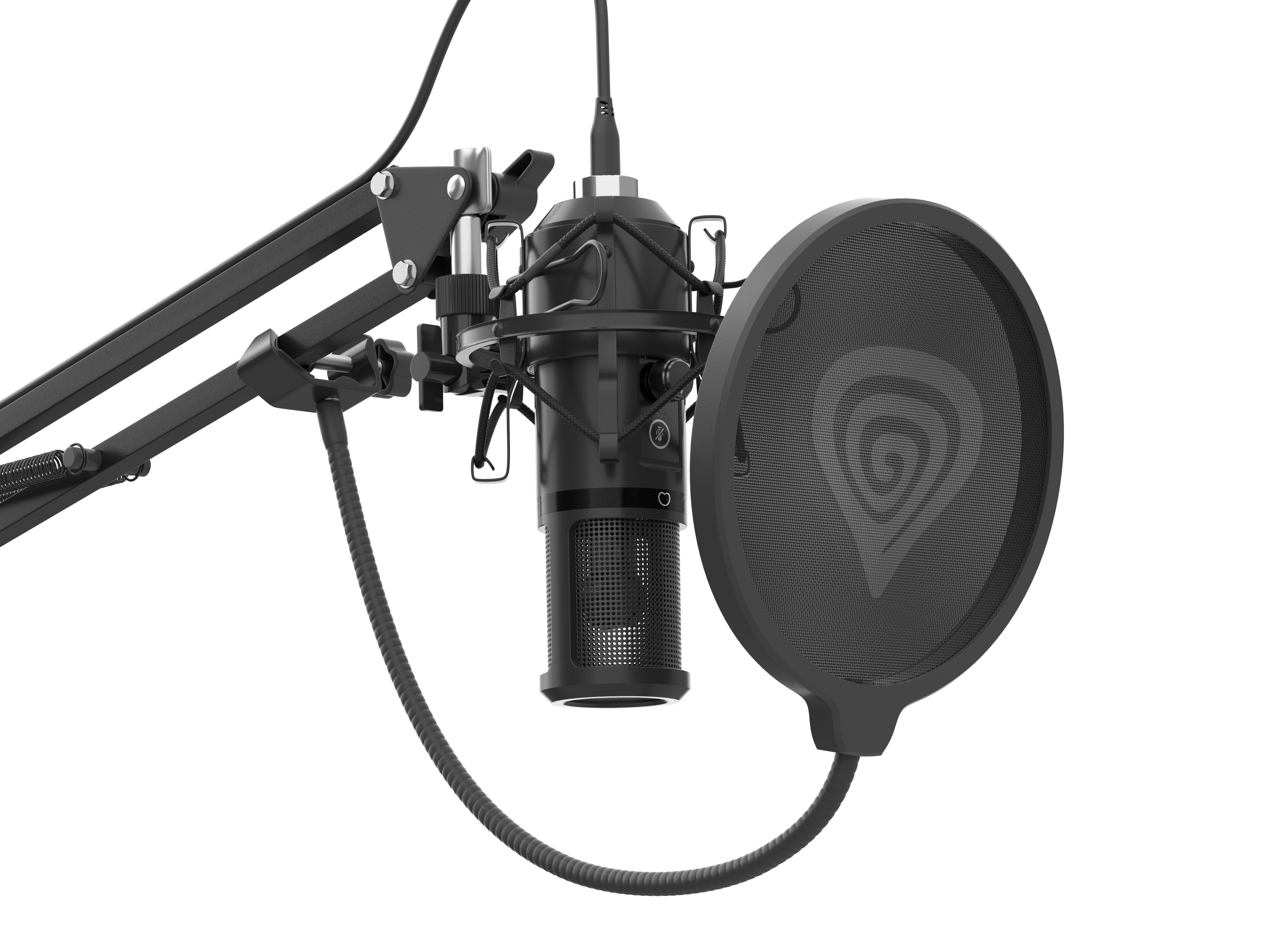 Zbliżenie czarnego mikrofonu z filtrem pop i logo Genesis na czarnym tle.