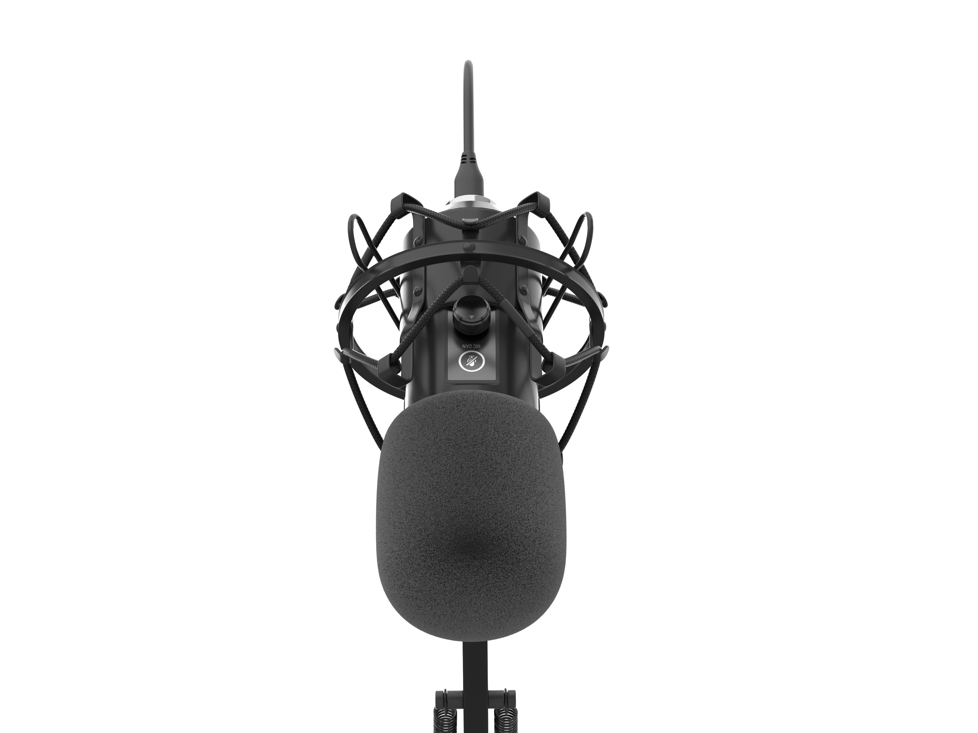 Czarny mikrofon z pop filtrem. Na czarnym statywie, na czarnym tle.