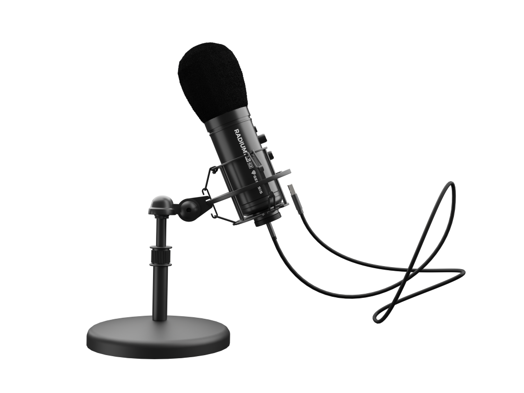 Czarny mikrofon na statywie. Czarny filtr pop jest dołączony. Czarne tło.