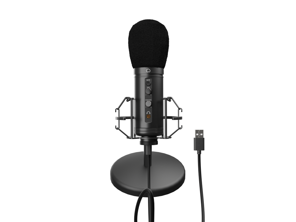 Czarny mikrofon na statywie, czarny filtr pop przymocowany. Podłączony kabel USB.