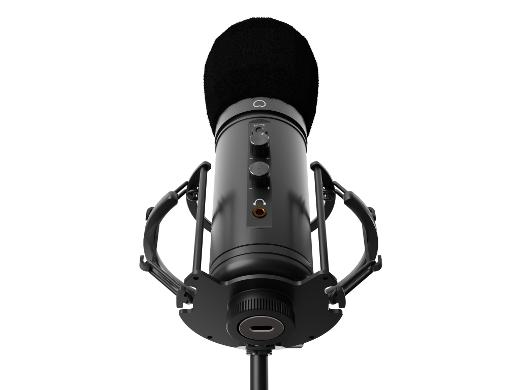 Czarny mikrofon na statywie. Czarny filtr pop dołączony. Zbliżenie.