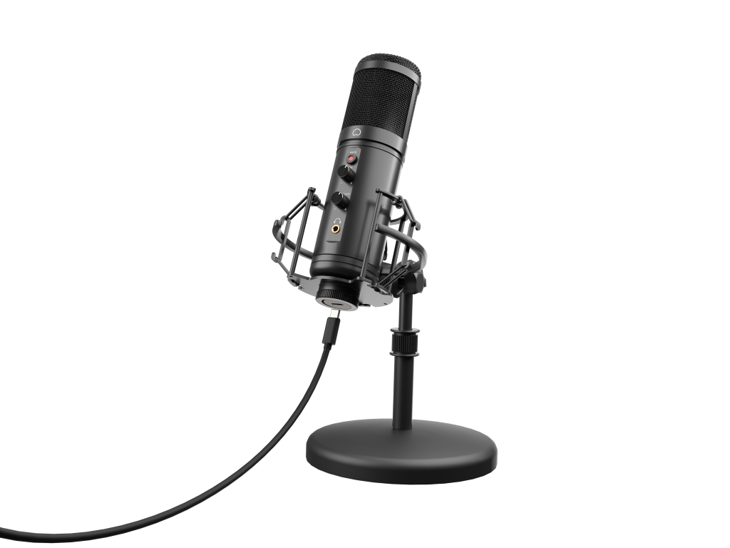 Czarny mikrofon na statywie z czarnym kablem, na czarnym tle.