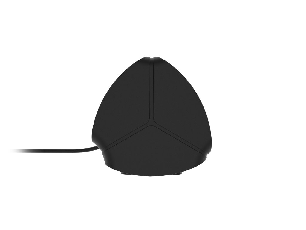 Czarna, trójkątna podstawa głośnika z przewodem, na czarnym tle.