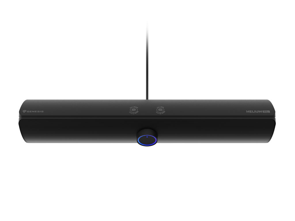 Czarny soundbar z marką Genesis i Helium, przycisk z niebieskim pierścieniem.