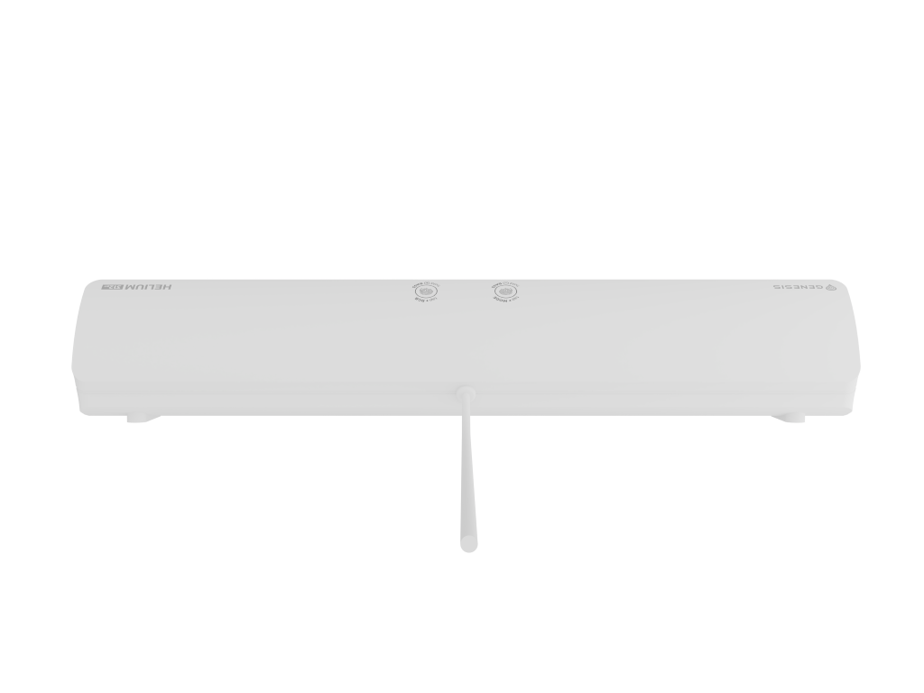 Biały soundbar z marką Genesis i Helium, anteną i przyciskami, czarne tło.