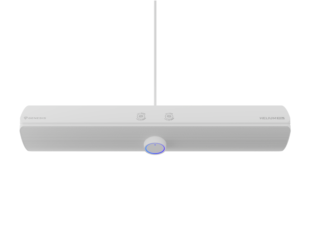 Biały soundbar z marką Genesis i Helium, niebieskim przyciskiem, anteną.