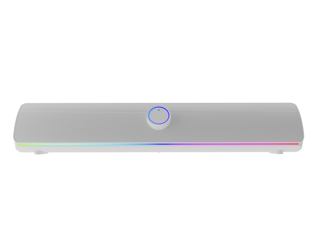 Biały soundbar z niebieskim przyciskiem i światłami RGB. Czarne tło.