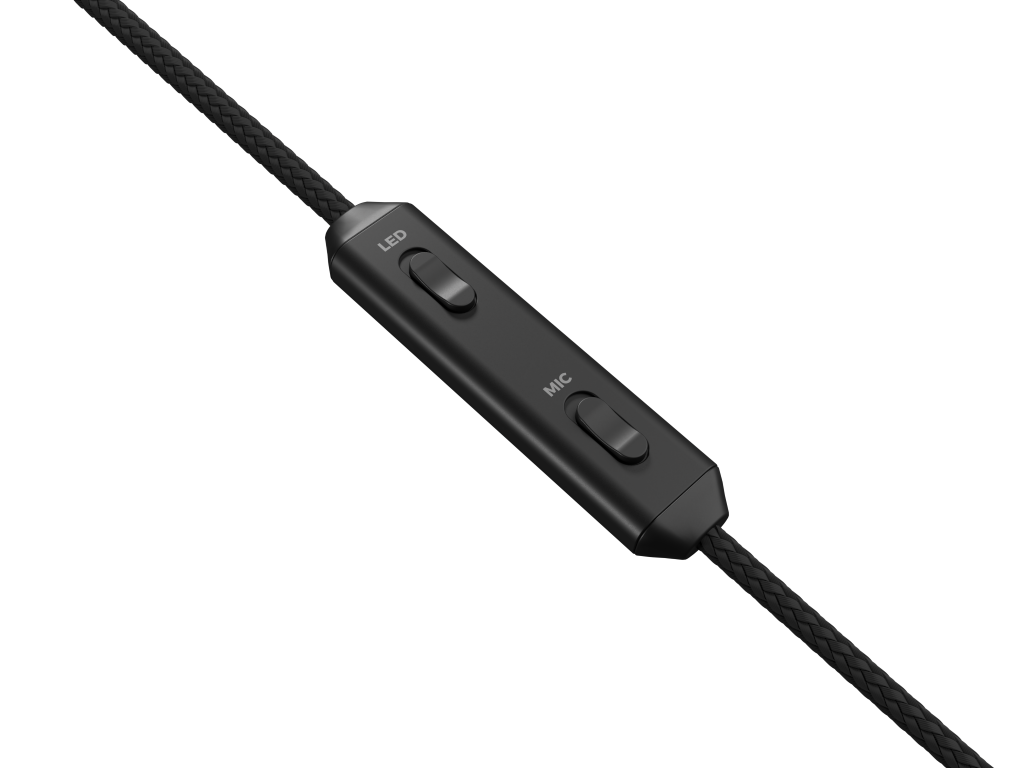 Zbliżenie na kabel słuchawek z przyciskami sterowania LED i MIC. Czarny kabel, tło.
