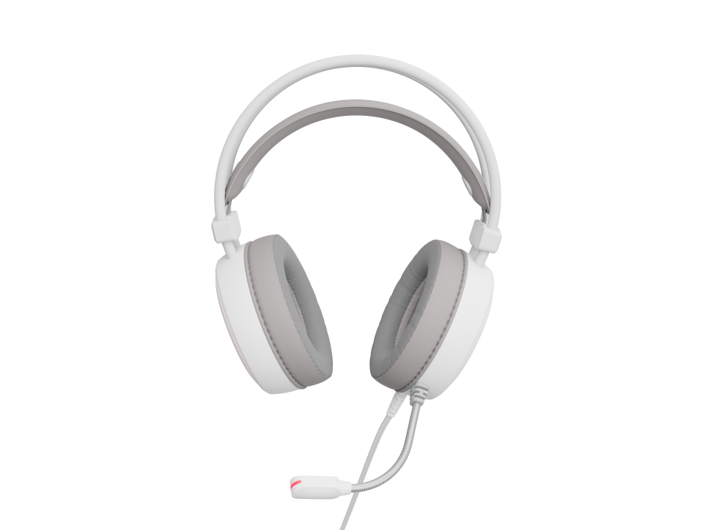 Białe słuchawki dla graczy z mikrofonem, widoczne obie słuchawki. Czarne tło.