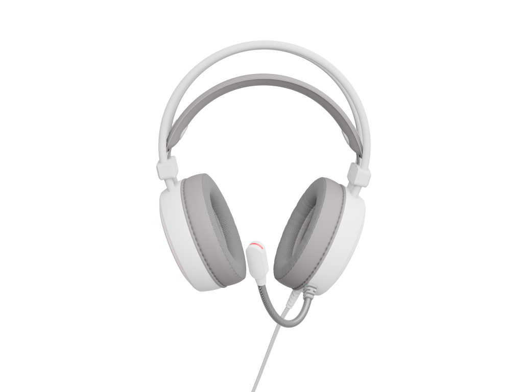 Białe słuchawki dla graczy z mikrofonem. Czarne tło. Mikrofon jest czerwony.