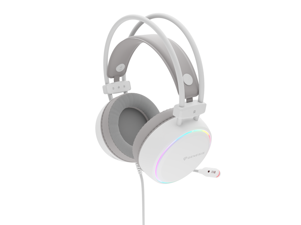 Białe słuchawki dla graczy ze światłami RGB na jednym nauszniku, mikrofonem. Czarne tło.