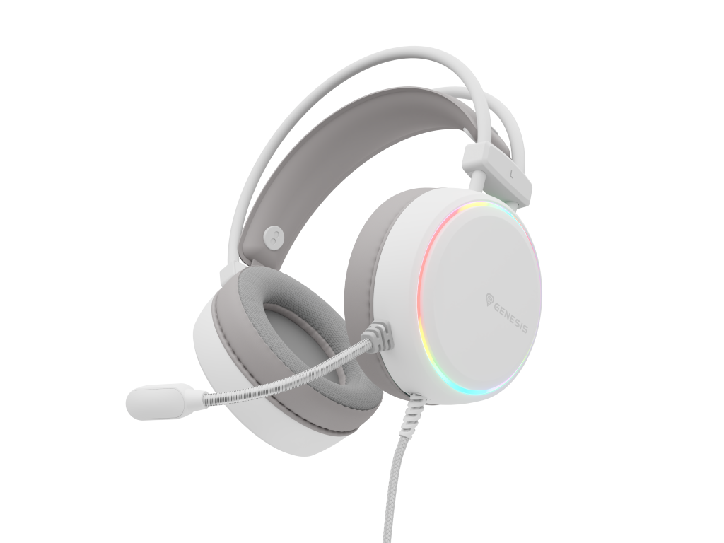 Białe słuchawki dla graczy ze światłami RGB na jednym nauszniku. Czarne tło.