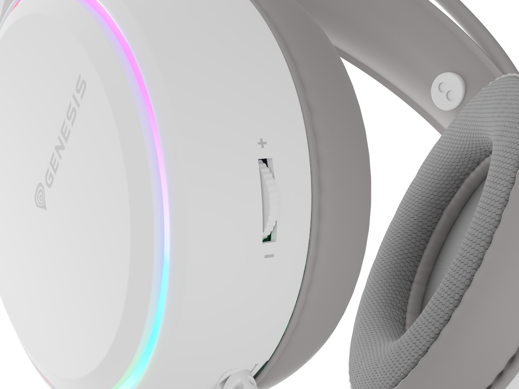 Zbliżenie na nausznik z regulacją głośności. Białe słuchawki, czarne tło.