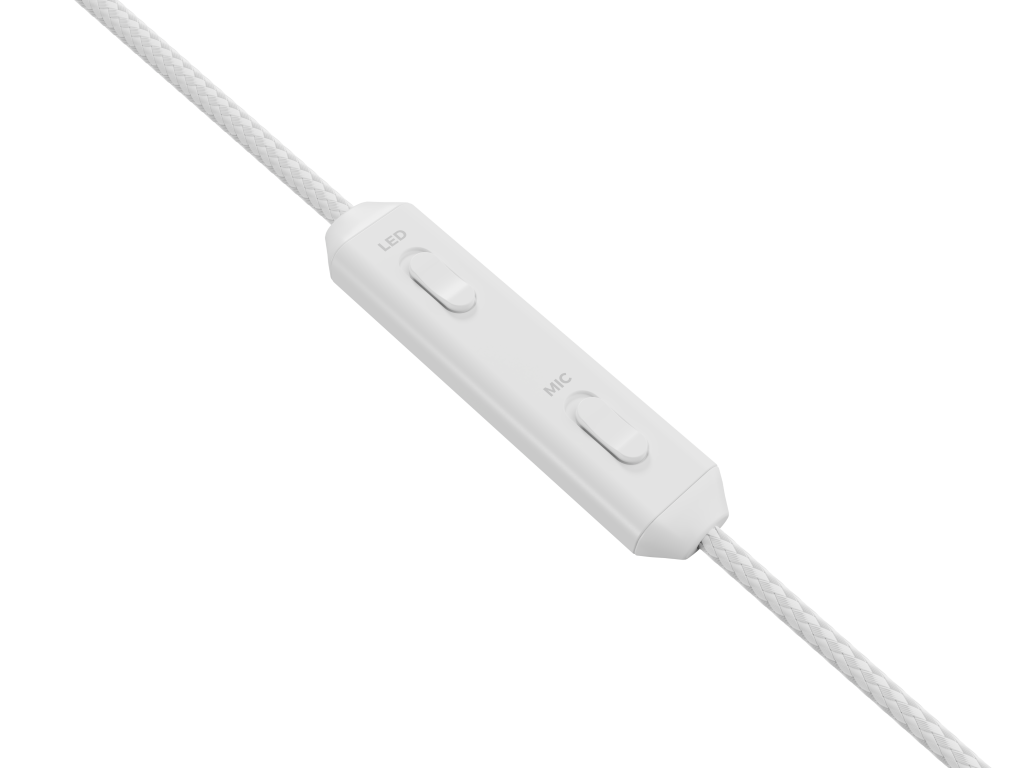 Zbliżenie na kabel słuchawek z przyciskami sterowania LED i MIC. Biały kabel, tło.