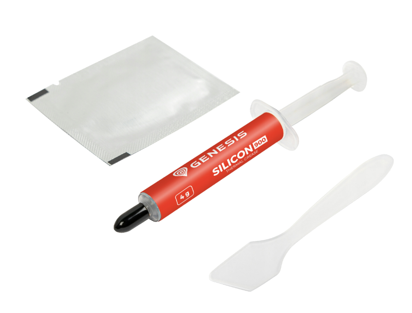 Zestaw pasty termoprzewodzącej. Zawiera tubę, szpatułkę i małą saszetkę. Wszystko na czarnym tle.