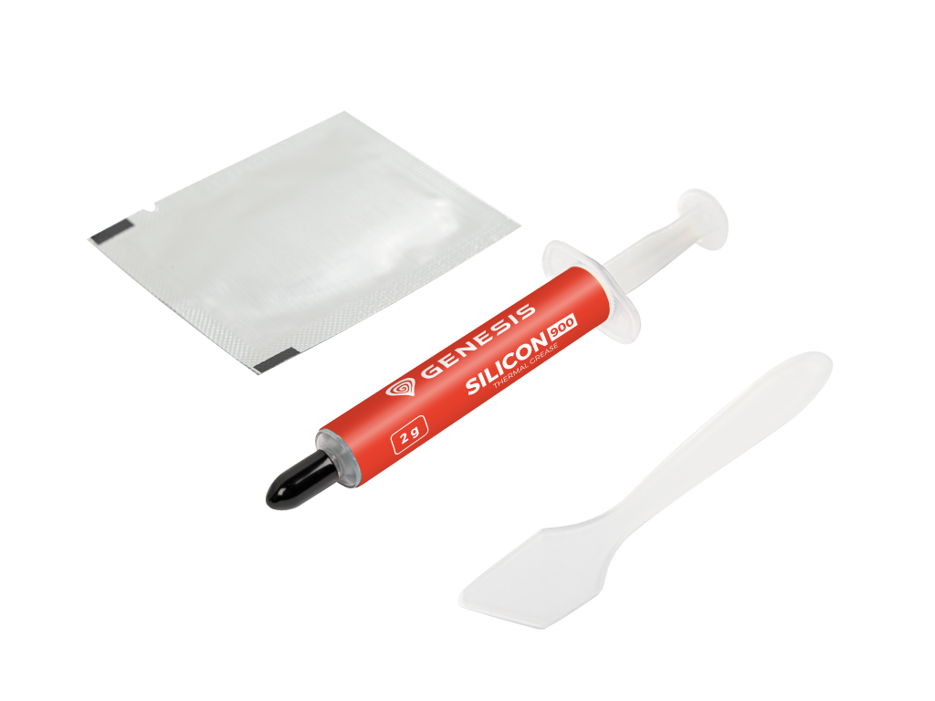 Zestaw pasty termoprzewodzącej z tubą, szpatułką i saszetką, na czarnym tle, 2 gramy.