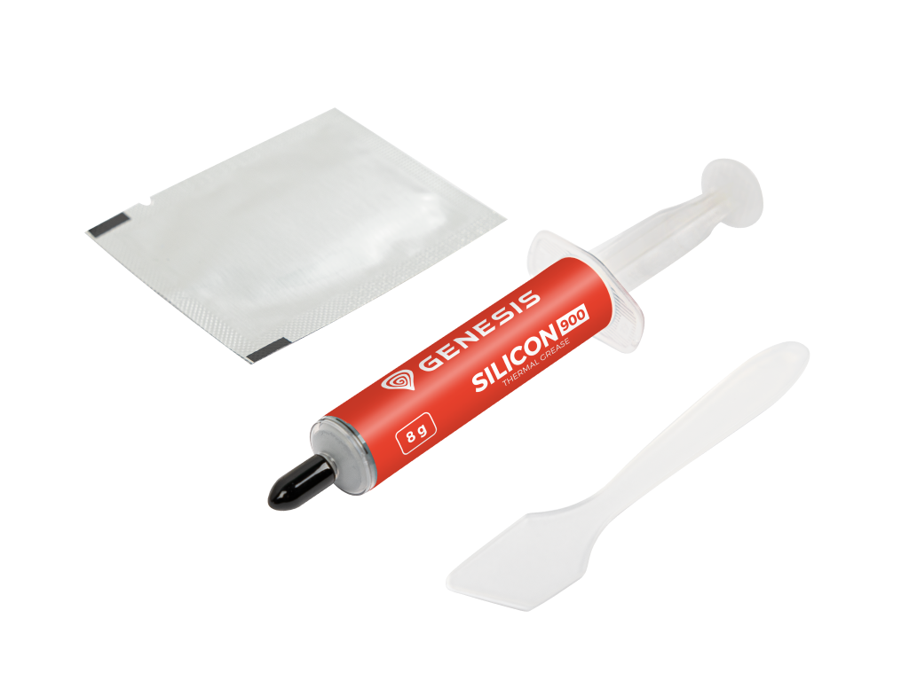 Zestaw pasty termoprzewodzącej z tubą, szpatułką i saszetką, na czarnym tle, 8 gramów.