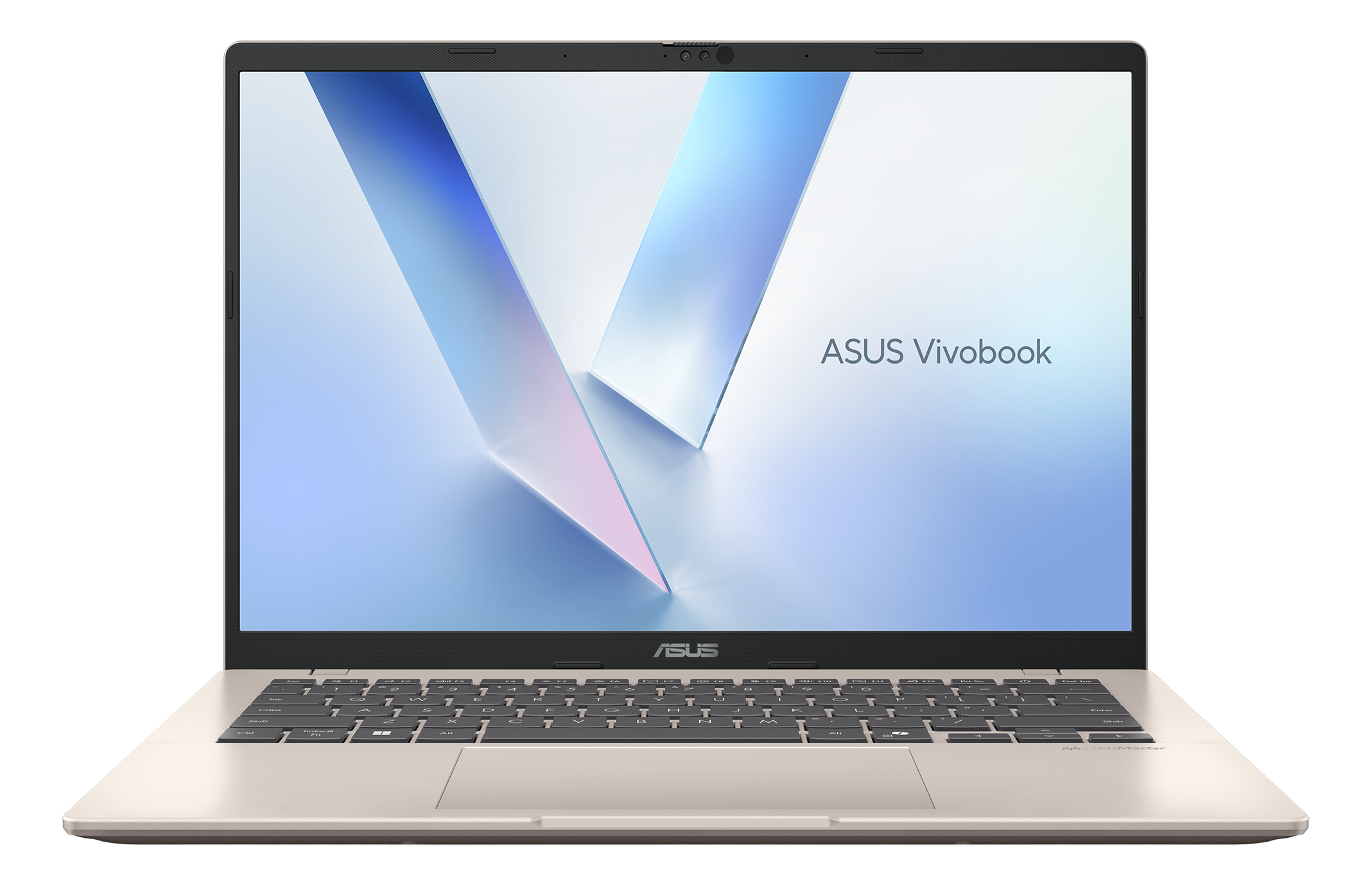 Asus Vivobook Laptop, geöffnet auf schwarzer Oberfläche. Der Bildschirm zeigt ein hellblaues und weißes Design.