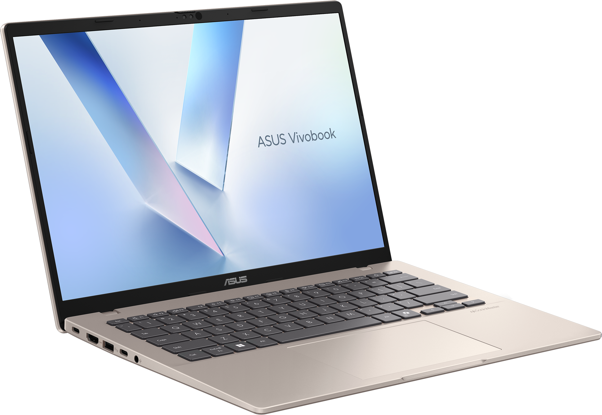Asus Vivobook Laptop, geöffnet, schräge Ansicht. Bildschirm an, zeigt ein hellblaues und weißes Design.
