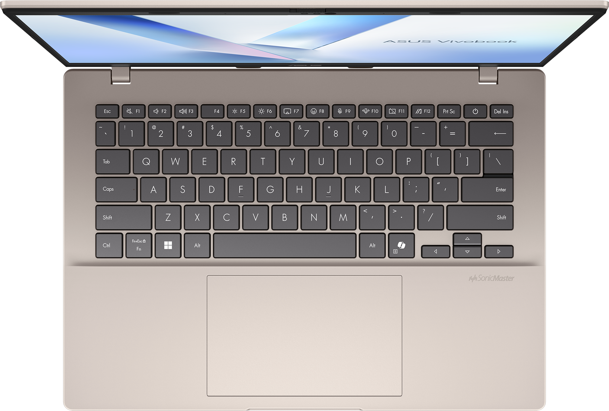 Asus Vivobook Laptop-Tastatur, Draufsicht. Tasten sind sichtbar und auf einer hellbeigen Oberfläche beschriftet.