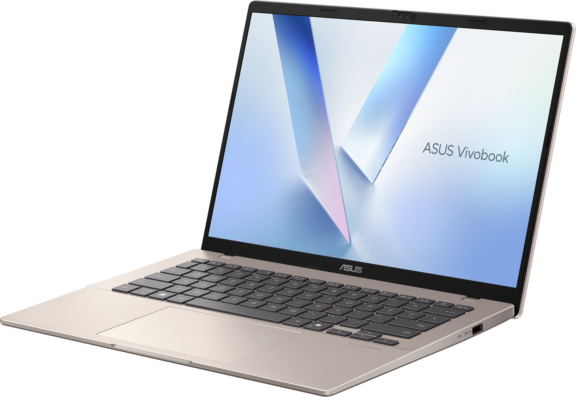 Asus Vivobook Laptop, geöffnet, abgewinkelt. Zeigt Bildschirm mit hellblauem und weißem Design auf schwarzer Oberfläche.