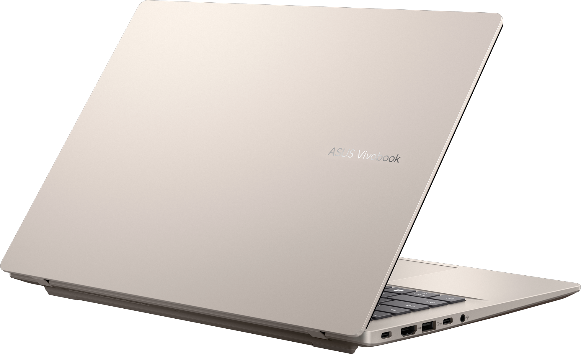 Asus Vivobook Laptop, geschlossen, abgewinkelte Rückansicht. Silbernes Gehäuse mit ASUS Vivobook Logo, auf schwarzer Oberfläche.